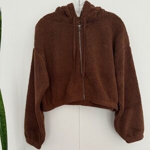 Sundown by Splendid Brown Hooded Crop Zip Up Sweatshirt Size Medium